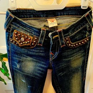 True Religion Blue Jeans with Leather Studding Detail size 25